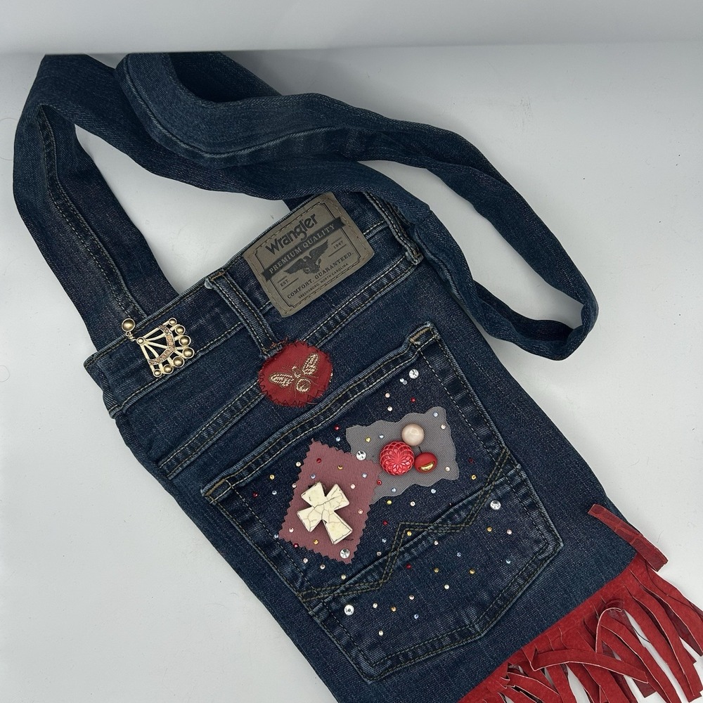 Handmade Denim Jean Bag Purse Crossbody Upcycle Buttons Rhinestone Wrangler Boho